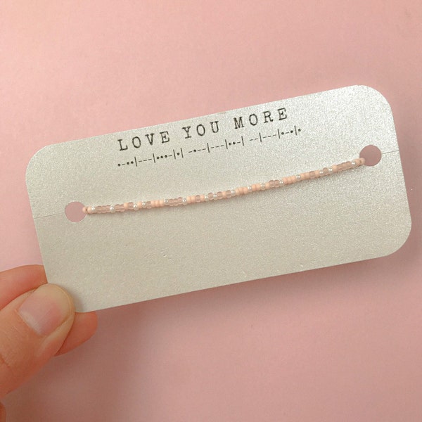 Love You More Morse Code Seed Bead Stretch Bracelet | Couples Valentines Bracelet