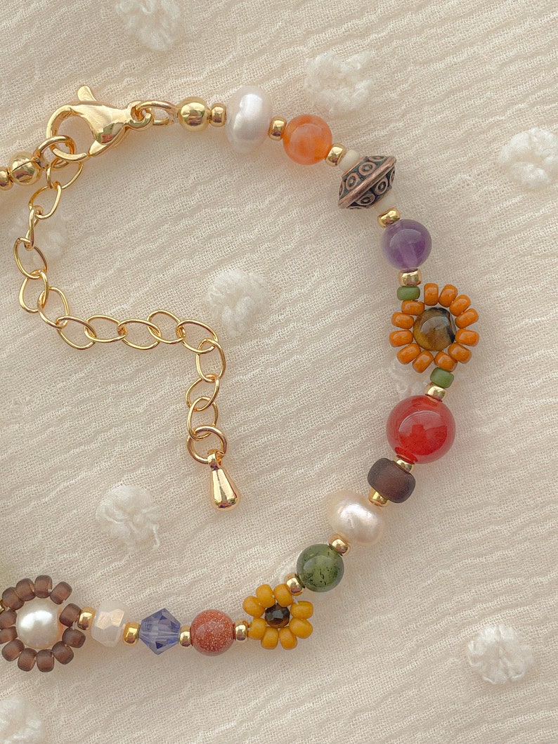 Clementine Bracelet Fall Flower Bracelet Handmade Whimsical Beaded Bracelet Gold Filled Jewelry Adjustable Gemstone Bracelet zdjęcie 4