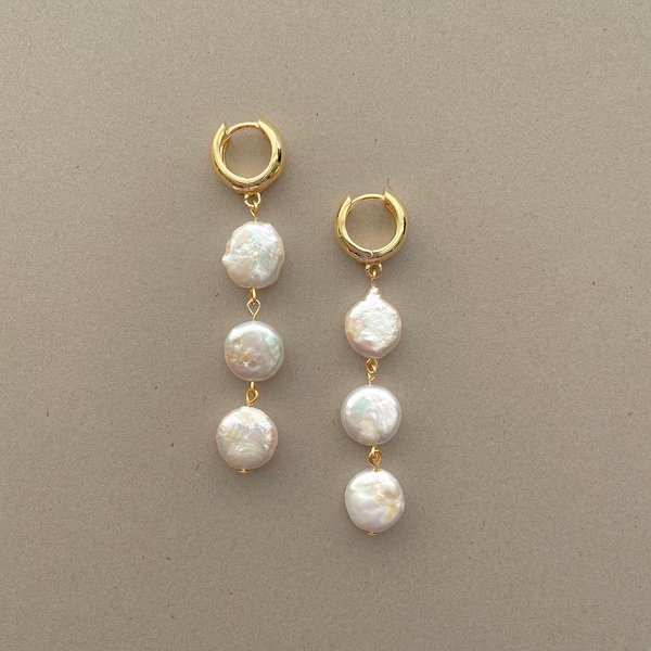 Gold Filled Coin Pearl Drop Earrings | Freshwater Pearl Huggies