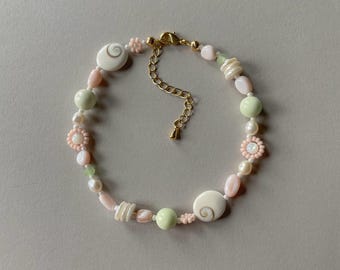 Mollie Anklet | Costal Pink and Green Beach Anklet | Handmade Beaded Anklet | Adjustable Gemstone Anklet | Vacation Jewelry