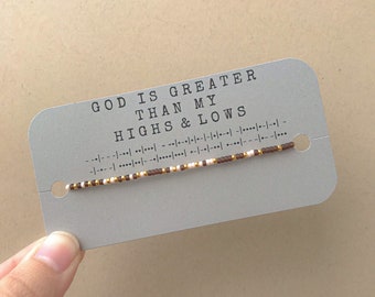 Dieu est plus grand que mes hauts et mes bas Morse Code Seed Bead Stretch Bracelet