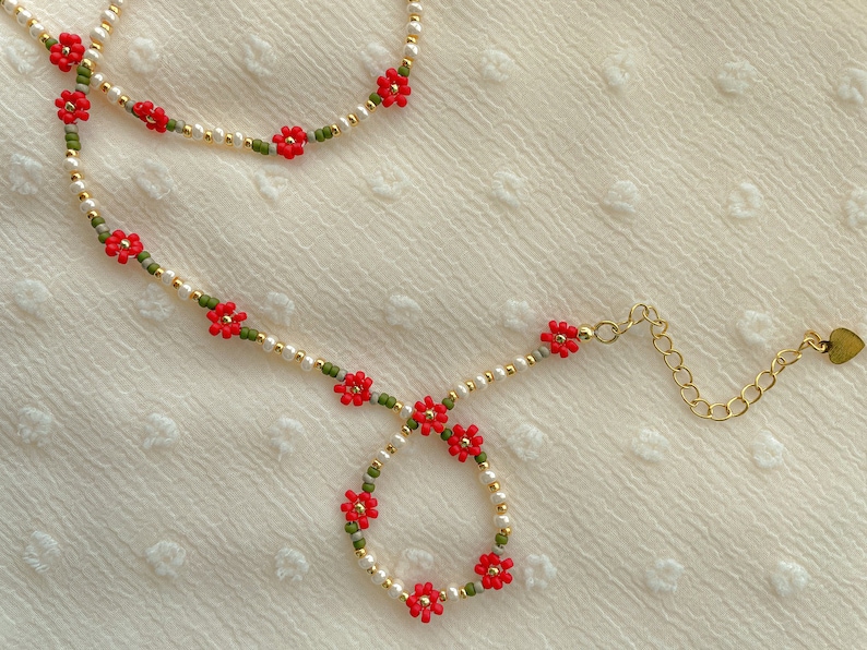 Eleanor Necklace Delicate Poinsettia Flower Necklace Dainty Seed Bead Choker image 4