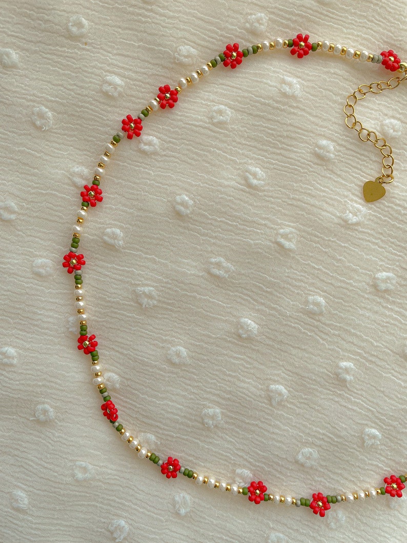 Eleanor Necklace Delicate Poinsettia Flower Necklace Dainty Seed Bead Choker image 2