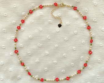 Eleanor Necklace | Delicate Poinsettia Flower Necklace | Dainty Seed Bead Choker