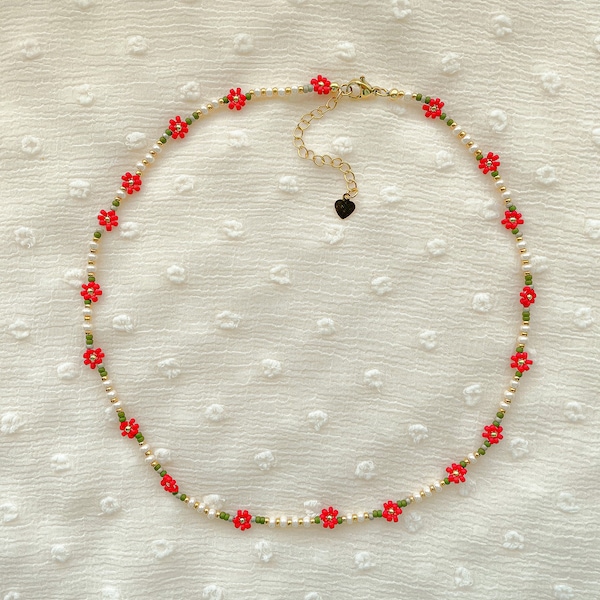 Eleanor Necklace | Delicate Poinsettia Flower Necklace | Dainty Seed Bead Choker