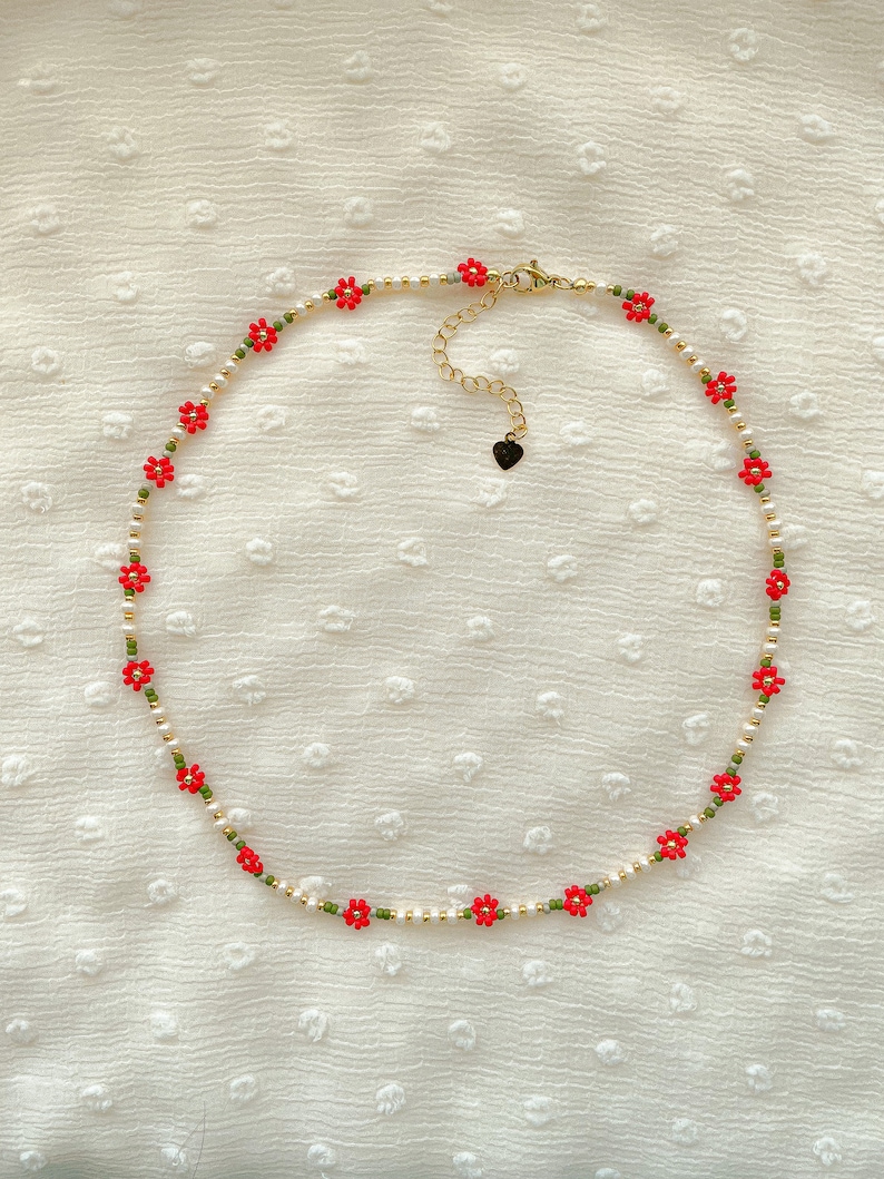 Eleanor Necklace Delicate Poinsettia Flower Necklace Dainty Seed Bead Choker image 1