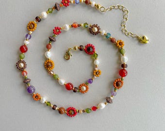 Clementine Necklace | Delicate Autumn Beaded Flower Necklace | Dainty Seed Bead Necklace | Colorful Fall Jewelry