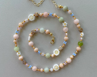 Mabel Necklace | Dainty Spring Flower Necklace | Handmade Seed Bead Gemstone Jewelry | Pastel Cottage Core Necklace | Gold Filled