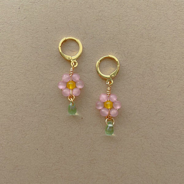 Dahlia Flower Earrings | Mini Pink Flower Earrings | Cats Eye Earrings | Gold Filled Huggies