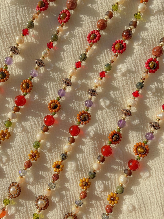 Clementine Necklace | Delicate Autumn Beaded Flower Necklace | Dainty Seed Bead Necklace | Colorful Fall Jewelry