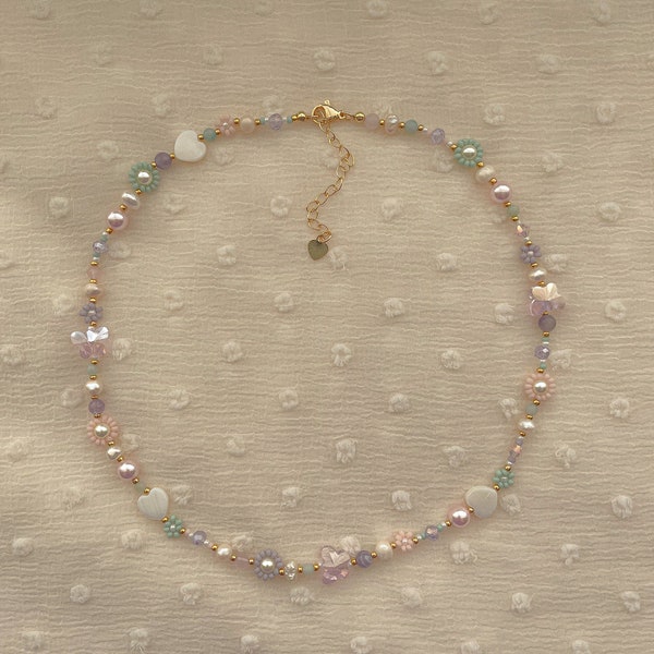 Lorelei-ketting | Delicate pastel bloem ketting | Sierlijke zaadkralenketting | Parelsnoer