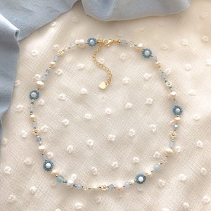 Celeste Necklace | Delicate Blue Flower Necklace | Dainty Seed Bead Choker