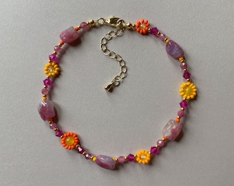 Azalea Anklet | October Birthstone Anklet | Handmade Tourmaline Beaded Anklet | Marigold Birth Flower Anklet