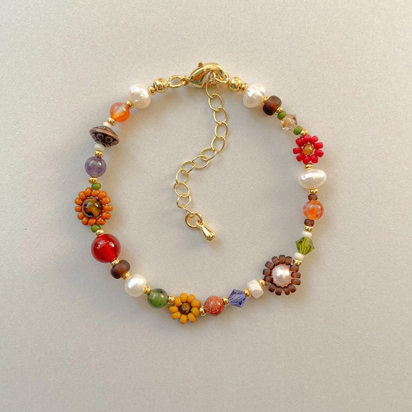 Clementine-armband | Herfstbloemarmband | Handgemaakte grillige kralenarmband | Gold filled sieraden | Verstelbare edelsteenarmband