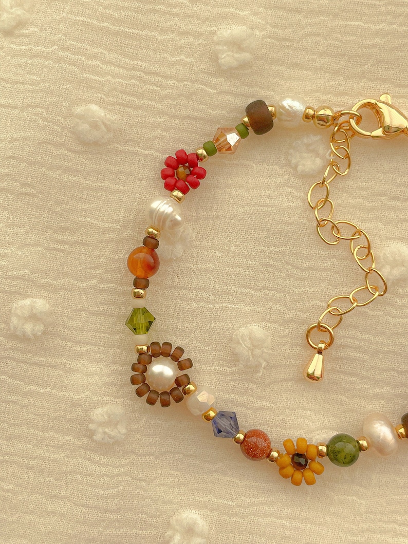 Clementine Bracelet Fall Flower Bracelet Handmade Whimsical Beaded Bracelet Gold Filled Jewelry Adjustable Gemstone Bracelet zdjęcie 3