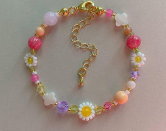Lola Bracelet | Dainty Spring Flower Bracelet | Handmade Seed Bead Gemstone Jewelry | Pink Daisy Bracelet | Gold Filled