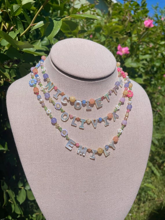 Custom Name Necklace | Colorful Beaded Flower Necklace | Handmade Seed Bead Gemstone Jewelry | Personalized Letter Necklace | Gold Filled