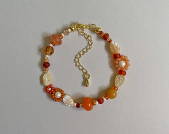 Nora Bracelet | Autumnal Flower Bracelet | Handmade Seed Bead Gemstone Jewelry | Gold Filled Bracelet | Whimsical Orange and Cream Bracelet