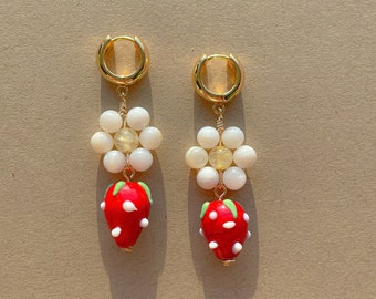 Fresa Earrings | Strawberry Flower Earrings | Gold Filled Huggies | Lampwork Earrings | Summer Earrings