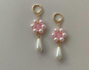 Darla Earrings | Pink and Pearl Earrings | Gold Filled Huggies | Beaded Flower Earrings