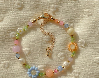 Paisley Bracelet | Flower Beaded Bracelet | Freshwater Pearl Bracelet | Colorful Adjustable Bracelet | Gold Filled Jewelry