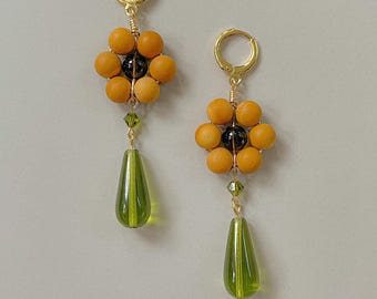 Louise Earrings | Sunflower Earrings | Gold Filled Huggies | Beaded Flower Earrings | Fall Earrings