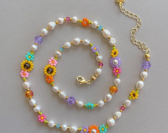 Posie Necklace | Delicate Colorful Flower Necklace | Dainty Seed Bead Choker | Pearl Necklace