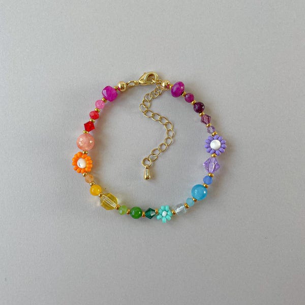 Iris Bracelet | Dainty Summer Flower Bracelet | Handmade Rainbow Gemstone Jewelry | Gold Filled