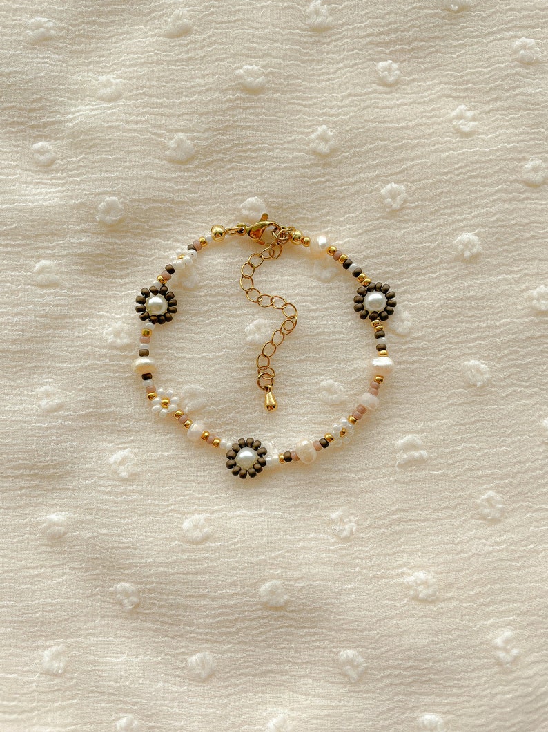 Bronwyn Bracelet Flower Beaded Bracelet Freshwater Pearl Bracelet Neutral Adjustable Bracelet Gold Filled Jewelry image 1