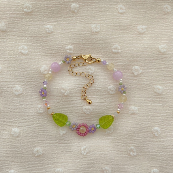 Meadow Bracelet | Flower Beaded Bracelet | Purple Adjustable Summer Bracelet | Gold Filled Jewelry