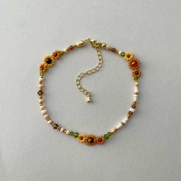 Betty Fußkettchen | Herbst Sonnenblume Blume Fußkettchen | Handgemachtes wunderliches Perlen-Fußkettchen | Gold Filled Schmuck | Verstellbares Edelstein-Fußkettchen