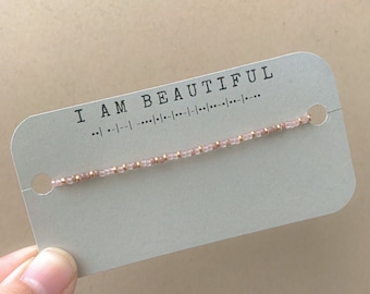I Am Beautiful Morse Code Seed Bead Stretch Bracelet
