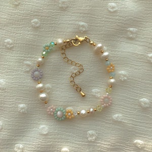 Penelope Bracelet | Flower Beaded Bracelet | Freshwater Pearl Bracelet | Pastel Adjustable Spring Bracelet | Gold Filled Jewelry