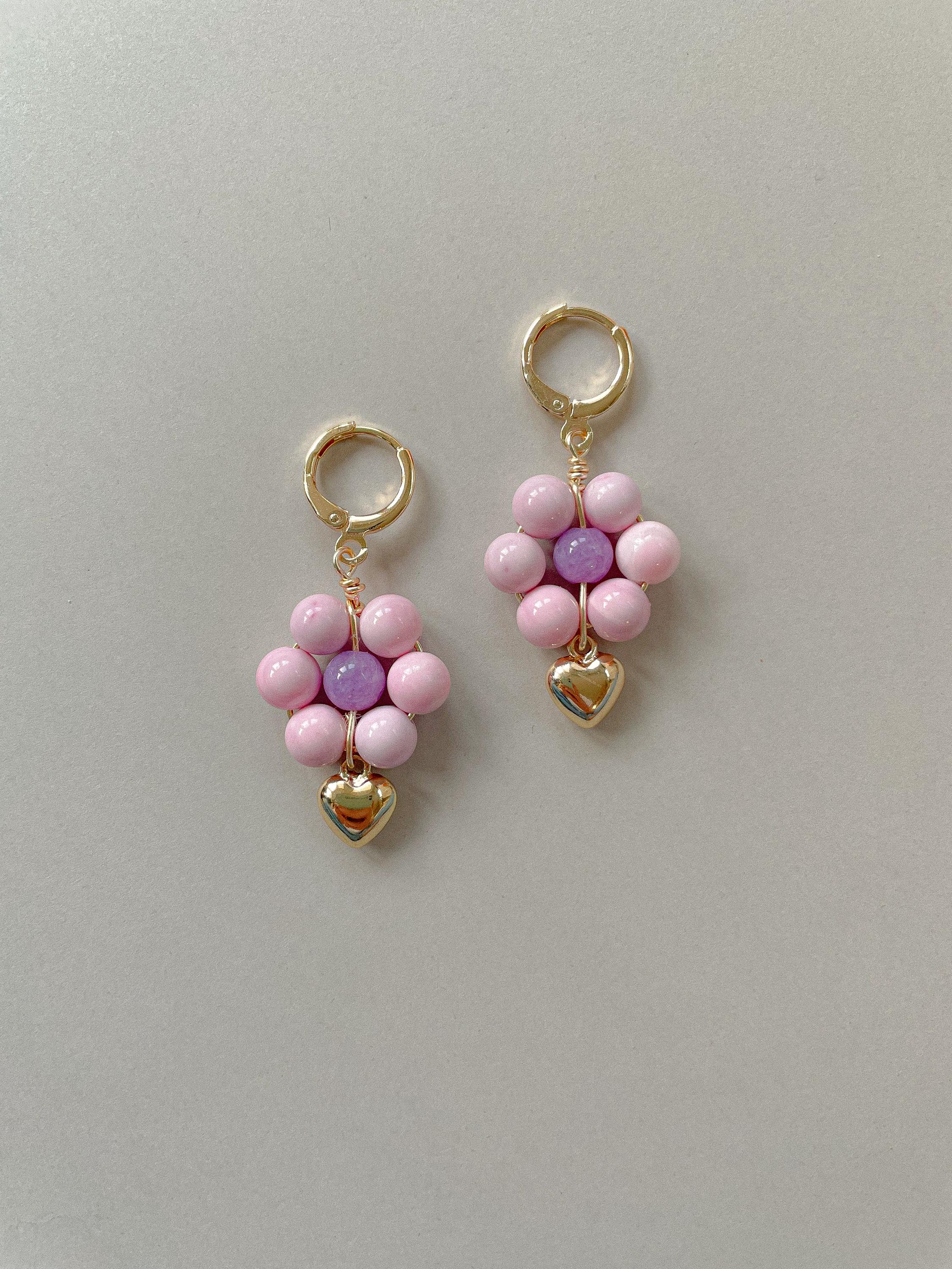Kaia Earrings | Pink and Purple Earrings | Gold Filled Huggies | Beaded Flower Earrings