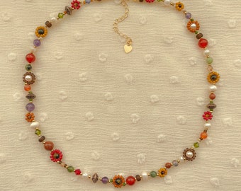 Clementine Necklace | Delicate Autumn Flower Necklace | Dainty Seed Bead Choker