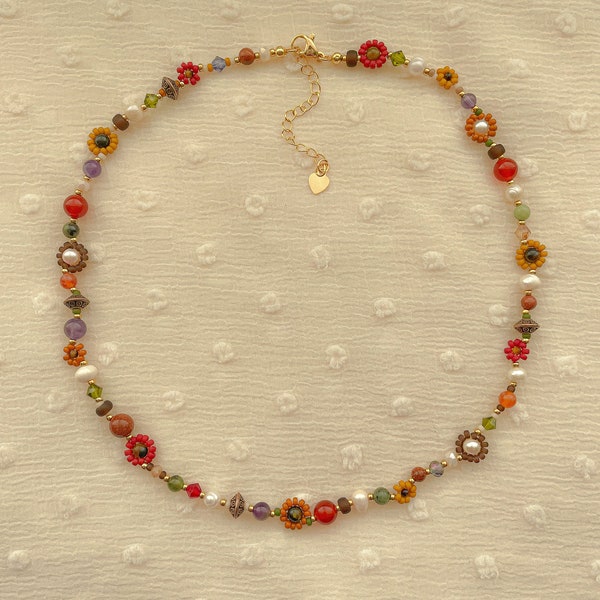 Clementine Necklace | Delicate Autumn Flower Necklace | Dainty Seed Bead Choker