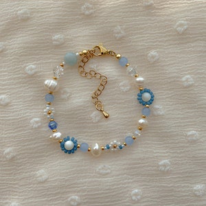 Celeste Bracelet | Blue Flower Beaded Bracelet | Freshwater Pearl Bracelet | Gold Filled Jewelry | Dainty Handmade Bracelet