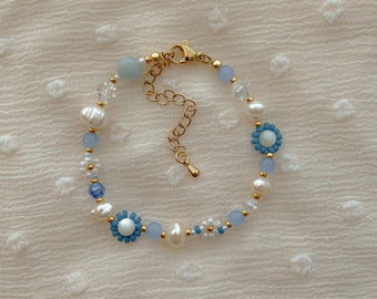 Celeste Bracelet | Blue Flower Beaded Bracelet | Freshwater Pearl Bracelet | Gold Filled Jewelry | Dainty Handmade Bracelet