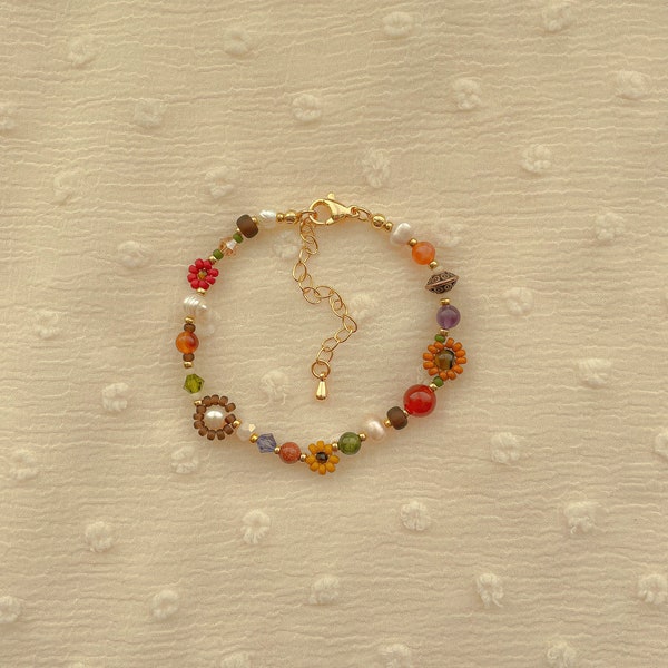 Clementine Bracelet | Fall Flower Bracelet | Handmade Whimsical Beaded Bracelet | Gold Filled Jewelry | Adjustable Gemstone Bracelet