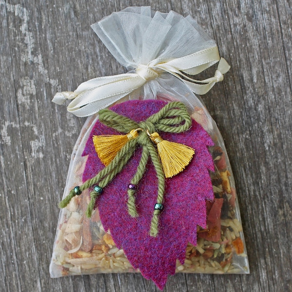 Organza Sachet with Leaf Design • Autumn Spice Mix. Handcrafted and special. A unique gift or wedding favor. Use in drawers or linen closet.