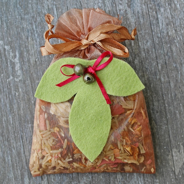 Organza Sachet with Leaf Design • Autumn Spice Mix. Handcrafted and special. A unique gift or wedding favor. Use in drawers or linen closet.