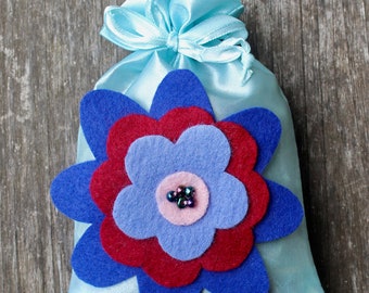 Lavender Sachet • Satin Bag with Unique Flower. Handcrafted flower design. Makes a special gift, wedding favor, or for your own pleasure.