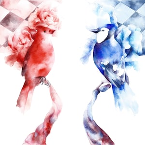 So verlieren Sie die Zeit Krieg Kunstdruck, Fantasy Vogel Aquarell Illustration Druck, Roter und Blauer Vogel mit Blumen Wand Dekor Geschenk
