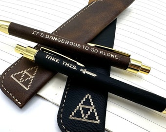 SPECIAL EDITION GOLD It's Dangerous to Go Alone, Take This! 8-Bit Video Game Nostalgia Engraved Leatherette Pen & Sleeve Set Case (Click)