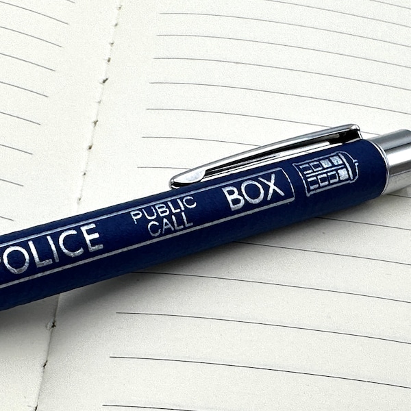 Police Box Public Call Blue Leatherette Pen Scifi Adventure Silver Engraving Time Traveling Nostalgia Space Adventure Engraved Black Ink Pen