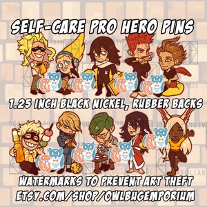 Self Care Pro Hero Pins (All Might, Present Mic, Aizawa, Endeavor, Hawks and More)