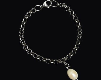 Pulsera de perlas de plata, pulseras de plata gruesas, accesorios de joyería Y2K, cadena rolo, pulsera con dije de perla, pulsera de perlas barrocas