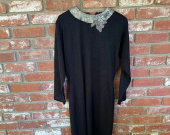 R&K Vintage 1960s Black Dress with Beaded Collar