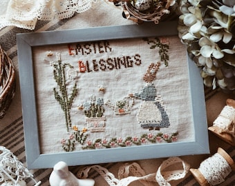EASTER BLESSINGS Counted Cross Stitch Pattern PDF. Primitive sampler x-stitch chart. Features bunny, bees & flowers Digital Instant Download