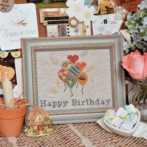 HAPPY BIRTHDAY BALLOONS Counted Greeting Card Simple Cross Stitch Pattern pdf. Modern primitive sampler embroidery. Digital Instant Download